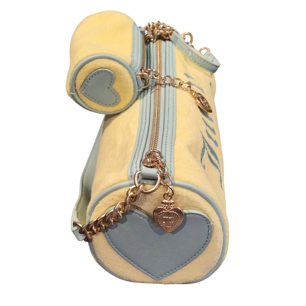 Juicy Couture Yellow Velour Barrel Bag with Mini Pouch Set Blue Trim Y2K Style